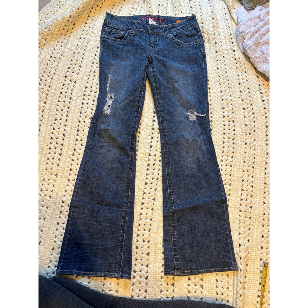Hydraulic super low rise metro 11/12 31” distressed flare denim blue jeans Y2K
